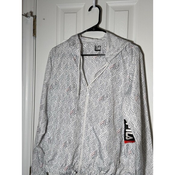 FILA Women’s Lightweight Windbreaker Jacket White Logo Print Zip Front Large - Picture 2 of 8